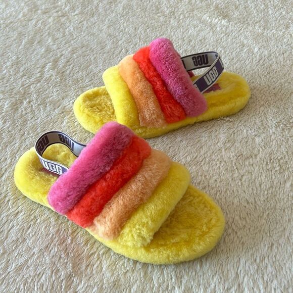 UGG Fluff  Yea slide yellow pink orange size 6 - Picture 1 of 16